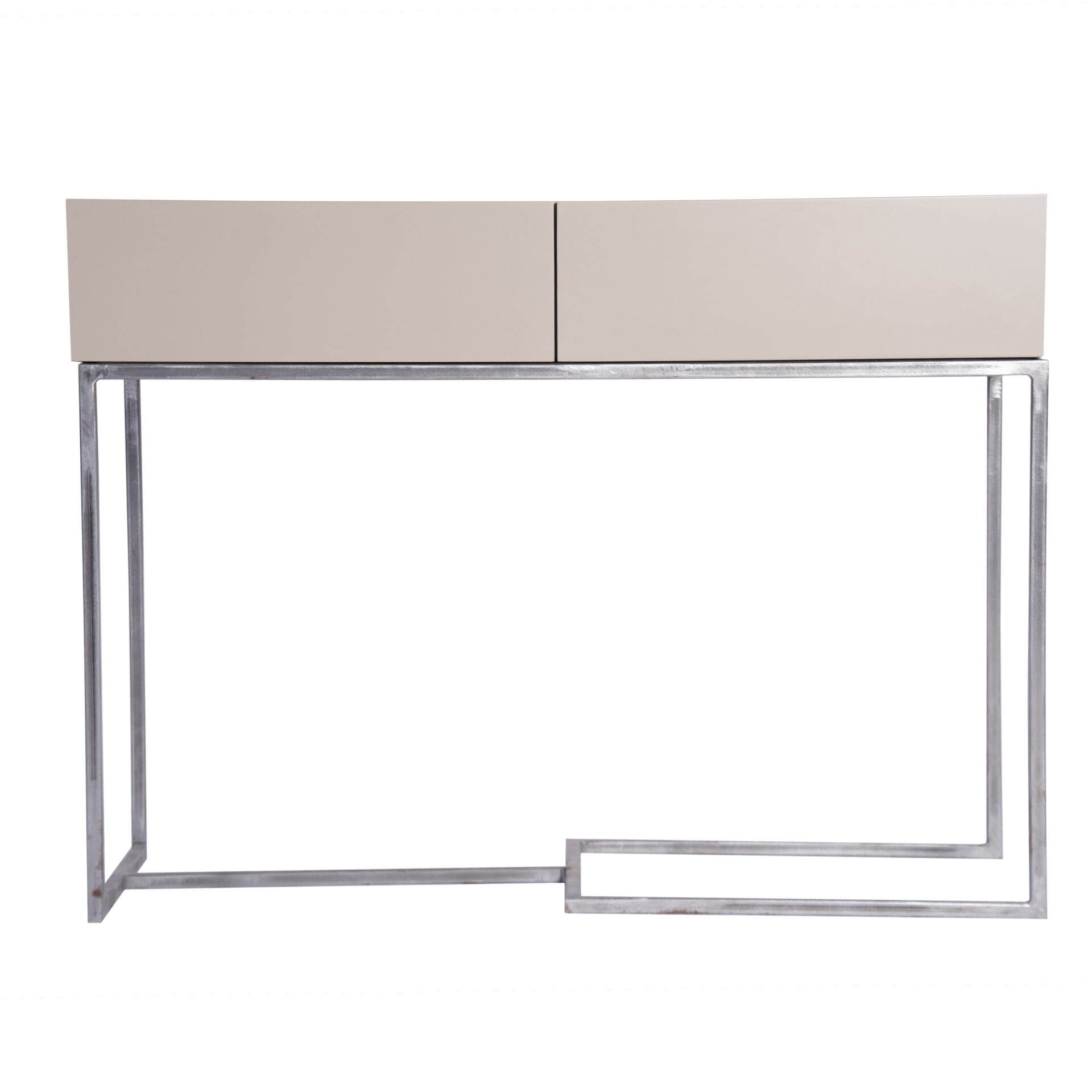 Contemporary two drawer console table with brushed metal base