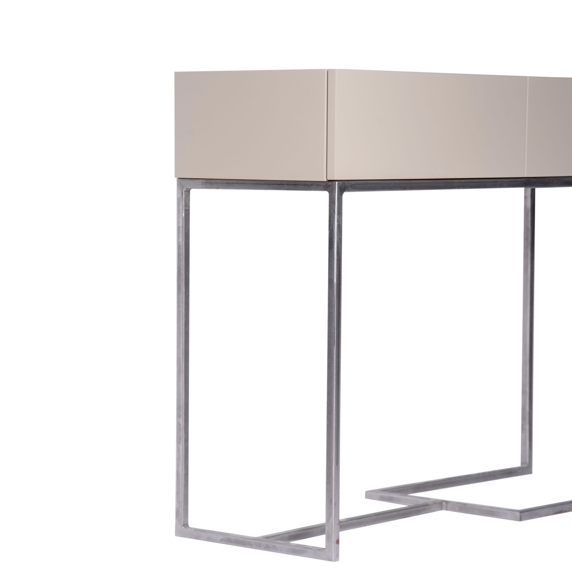 Contemporary two drawer console table with brushed metal base
